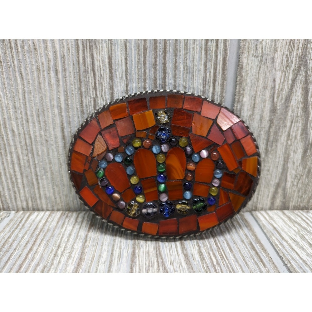 Vintage Mosaic Belt Buckle Orange Glass Crown Western Southwestern Boho 70s 80s‎